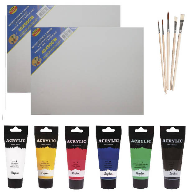 Schilders verf set van 6x tubes acrylverf/hobbyverf 75 ml + 2x doek + 5x kwasten - schildersets