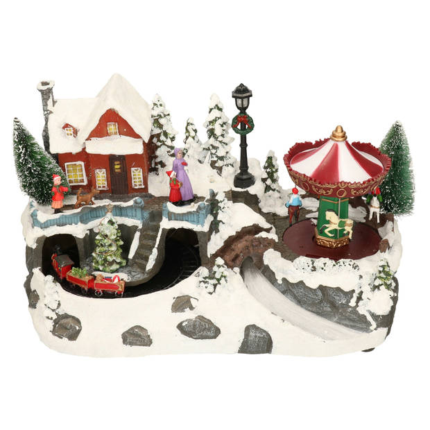 Christmas Decoration kerstdorp - draaiende carrousel -met licht- 34 cm - Kerstdorpen