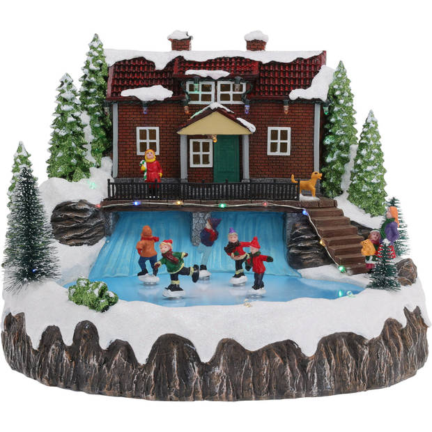 Christmas Decoration kerstdorp huis met schaatsers- 29x28x23 cm - Kerstdorpen