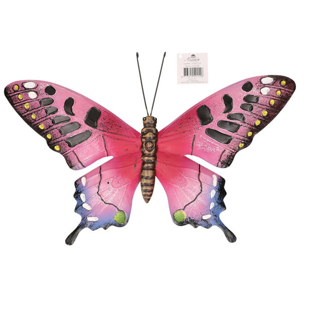 Roze/zwarte metalen tuindecoratie vlinder 37 cm - Tuinbeelden