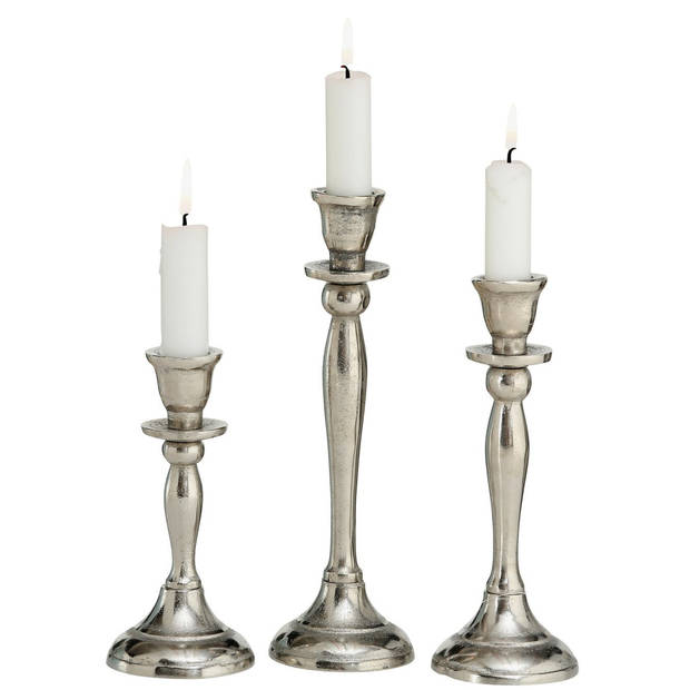 Metalen design kaarsenhouder/kandelaars set van 3x stuks zilver 14, 18 en 21 cm - kaars kandelaars