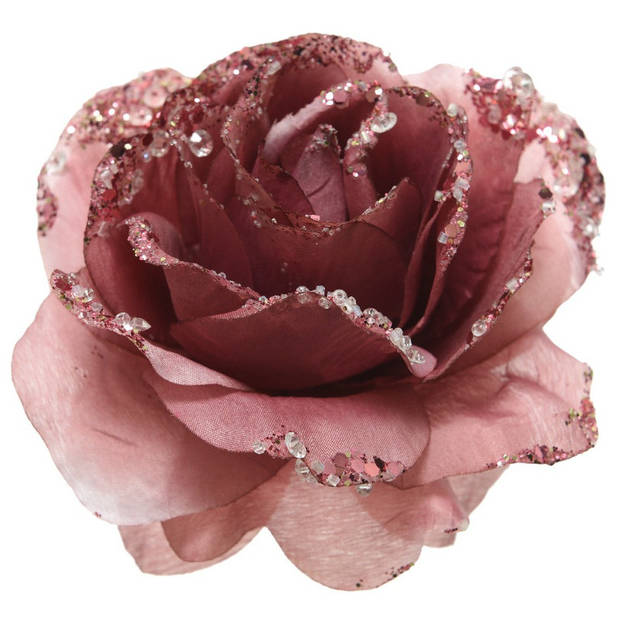 2x Kerstboomversiering/kerstornamenten oudroze rozen op clip 14 cm - Kunstbloemen