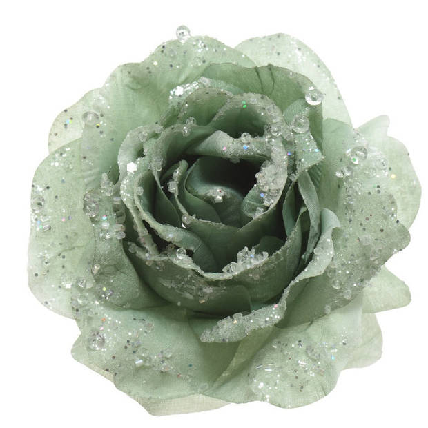 Kerst bloemen 2x stuks kunststof salie groen - op clip - 14 cm - Kersthangers