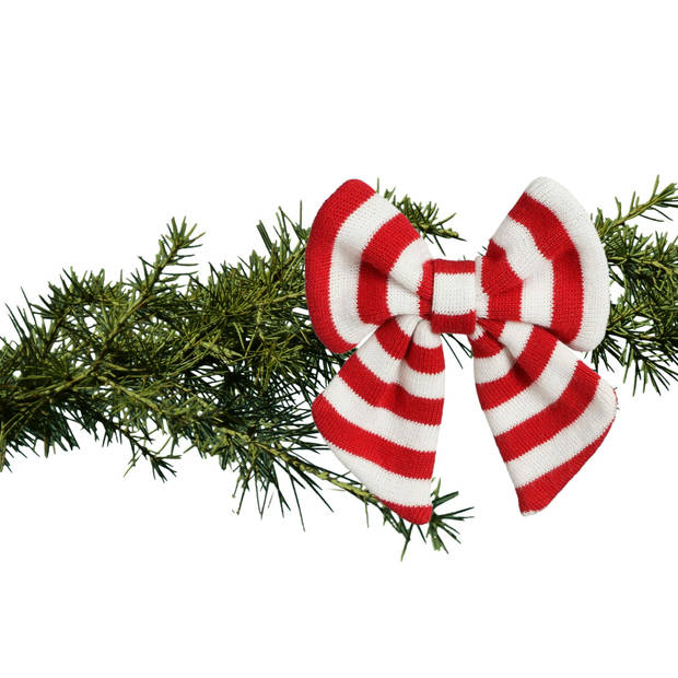 House of Seasons kerstdecoratie strik - rood/wit - 14 cm - polyester - Kersthangers