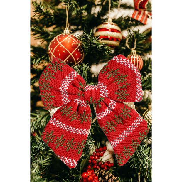 House of Seasons kerstdecoratie strik - rood - 20 x 17 cm - polyester - Kersthangers