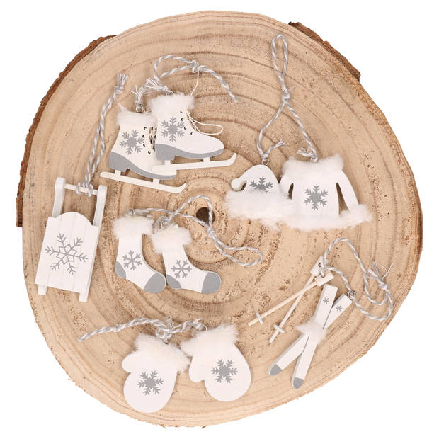 Othmar Decorations kersthangers - winter - 6x - hout - wit - 8 cm - Kersthangers