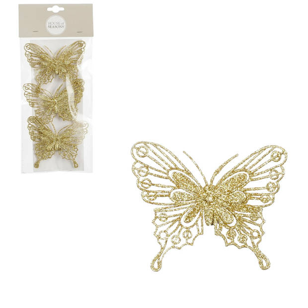 House of Seasons kerst vlinders op clip - 12x st - goud glitter - 10 cm - Kersthangers