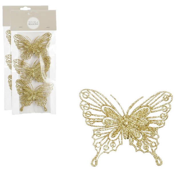 House of Seasons kerst vlinders op clip - 3x st - goud glitter - 10 cm - Kersthangers