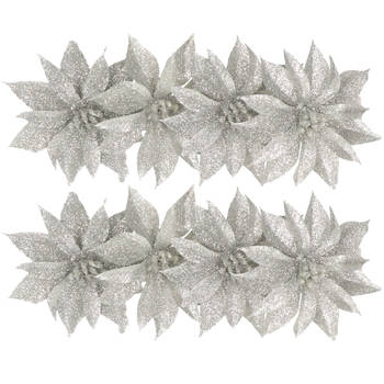 8x stuks glitter decoratie bloemen op clip zilver 9.5 cm - Kunstbloemen