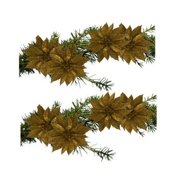 8x stuks glitter decoratie bloemen op clip goud 9.5 cm - Kunstbloemen