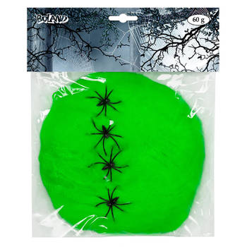 Boland decoratie spinnenweb/spinrag met spinnen - 60 gram - lichtgroen - Halloween/horror versiering - Feestdecoratievoo