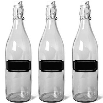 6x Glazen flesjes met beugeldop 1 liter en 6x schoolbord stickers - Decoratieve flessen