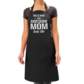 Awesome mom kado bbq/keuken schort zwart voor dames - Feestschorten