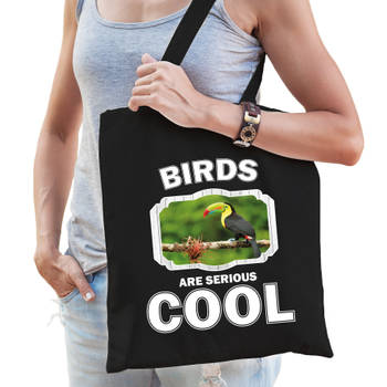Katoenen tasje birds are serious cool zwart - toekans/ toekan cadeau tas - Feest Boodschappentassen