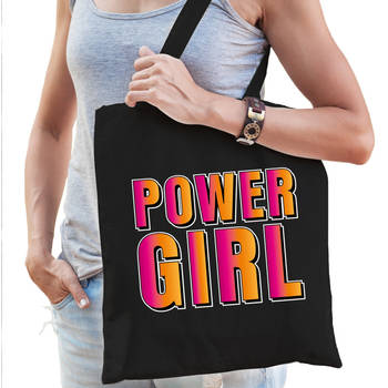 Powergirl fun tekst / kado tas zwart voor dames - Feest Boodschappentassen
