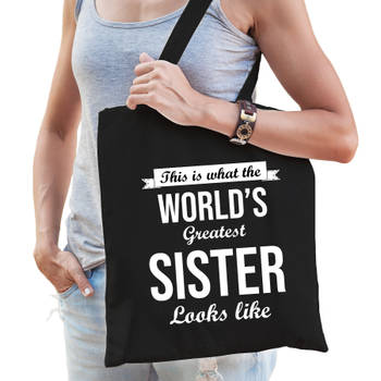 Worlds greatest SISTER kado tasje voor zussen verjaardag zwart voor dames - Feest Boodschappentassen
