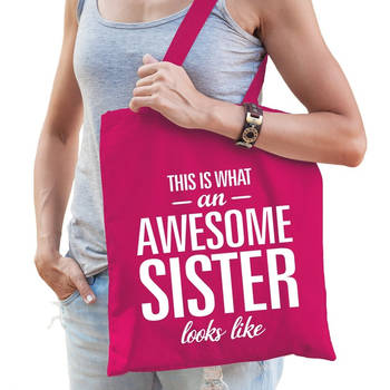 Awesome sister cadeau tas roze katoen - Feest Boodschappentassen