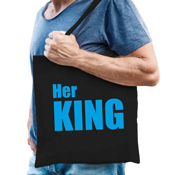 Her king tas / shopper zwart katoen met blauwe tekst voor heren - Feest Boodschappentassen