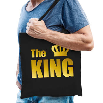The king tas / shopper zwart katoen met gouden tekst en kroon voor heren - Feest Boodschappentassen