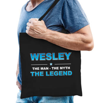 Naam Wesley The Man, The myth the legend tasje zwart - Cadeau boodschappentasje - Feest Boodschappentassen