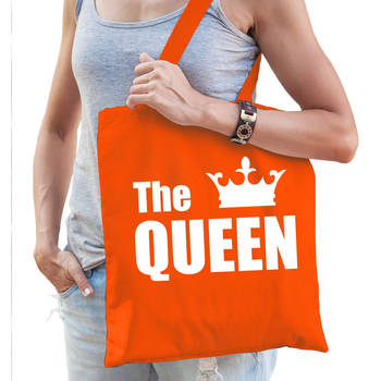 The queen tas / shopper oranje katoen met witte tekst en kroon voor dames - Feest Boodschappentassen