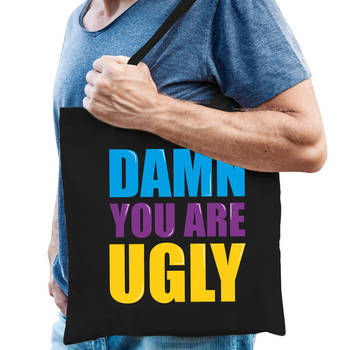 Damn you are ugly cadeau tas zwart voor heren - Feest Boodschappentassen