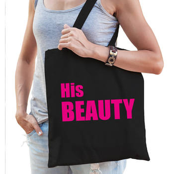 His beauty tas / shopper zwart katoen met roze tekst voor dames - Feest Boodschappentassen