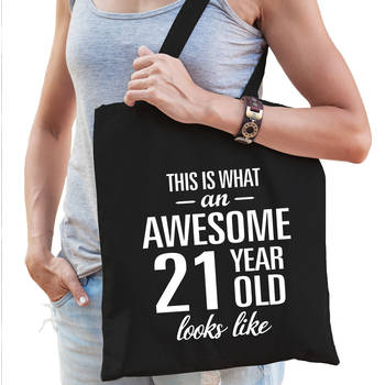 Awesome 21 year / 21 jaar cadeau tas zwart voor dames - Feest Boodschappentassen