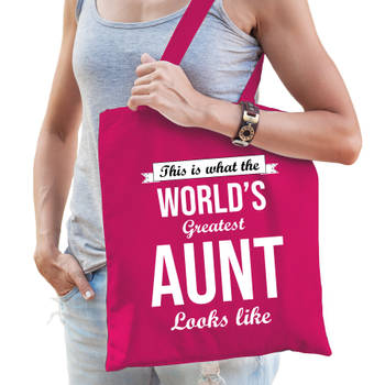 Worlds greatest AUNT kado tasje voor tantes verjaardag roze voor dames - Feest Boodschappentassen