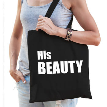 His beauty tas / shopper zwart katoen met witte tekst voor dames - Feest Boodschappentassen