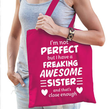 Freaking awesome sister / zus kado tas roze voor dames - Feest Boodschappentassen