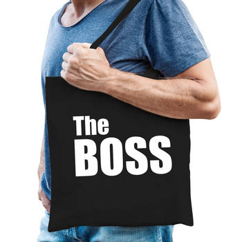 The boss tas / shopper zwart katoen met witte tekst voor heren - Feest Boodschappentassen