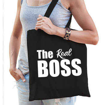 The real boss tas / shopper zwart katoen met witte tekst voor dames - Feest Boodschappentassen