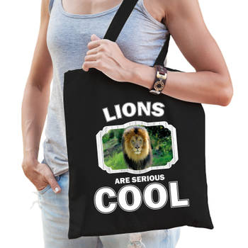 Katoenen tasje lions are serious cool zwart - leeuwen/ leeuw cadeau tas - Feest Boodschappentassen