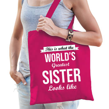 Worlds greatest SISTER kado tasje voor zussen verjaardag roze voor dames - Feest Boodschappentassen