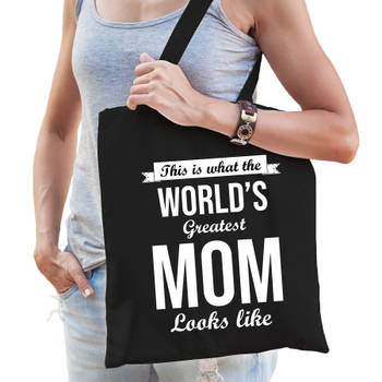 Worlds greatest MOM kado tasje voor moederds verjaardag zwart voor dames - Feest Boodschappentassen