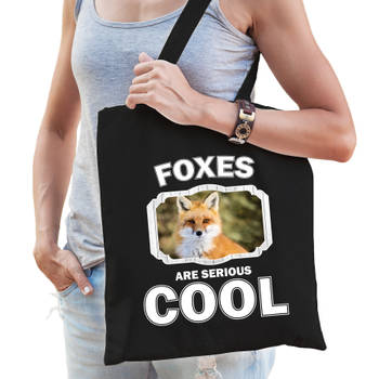 Katoenen tasje foxes are serious cool zwart - vossen/ vos cadeau tas - Feest Boodschappentassen
