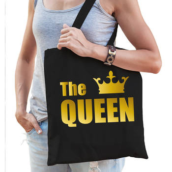 The queen tas / shopper zwart katoen met gouden tekst en kroon voor dames - Feest Boodschappentassen