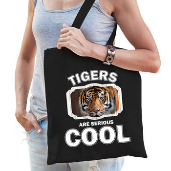 Katoenen tasje tigers are serious cool zwart - tijgers/ tijger cadeau tas - Feest Boodschappentassen