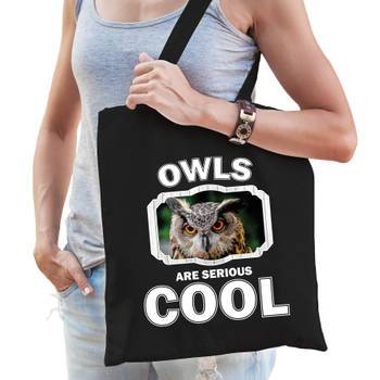 Katoenen tasje owls are serious cool zwart - uilen/ uil cadeau tas - Feest Boodschappentassen