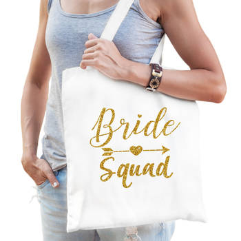 1x Bride Squad vrijgezellenfeest tasje wit goud dames - Feest Boodschappentassen