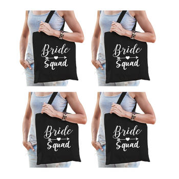 4x Bride Squad vrijgezellenfeest tasje zwart dames - Feest Boodschappentassen