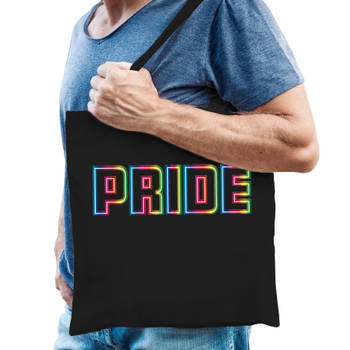 Bellatio Decorations Gay Pride tekst tas - PRIDE - katoen - 42 x 38 cm - zwart - LHBTI - Feest Boodschappentassen