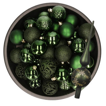 Kerstversiering- 38-dlg- donkergroen -kunststof kerstballen en glas piek - Kerstbal