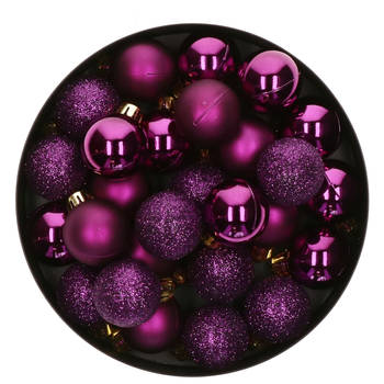 Decoris kleine kerstballen - 14x - paars - 3 cm -kunststof - Kerstbal