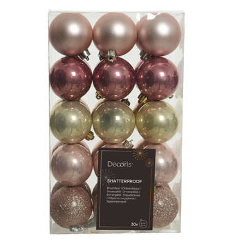 Decoris kerstballen - 30x -lichtroze/oudroze/champagne- 6cm -kunststof - Kerstbal