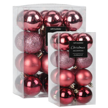 Kleine kerstballen - 40x st - 3 en 5 cm - roze - kunststof - Kerstbal