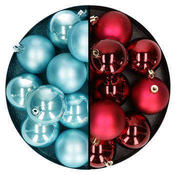 Kerstballen 24x stuks - mix donkerrood en ijsblauw - 6 cm - kunststof - Kerstbal