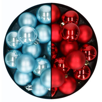 Kleine kerstballen 32x stuks - mix rood en ijsblauw - 4 cm - kunststof - Kerstbal