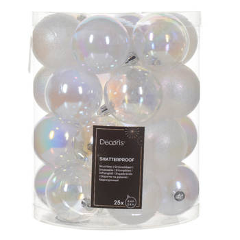 Decoris kerstballen - 25x stuks - 6 cm - kunststof -transparant parelmoerA - Kerstbal